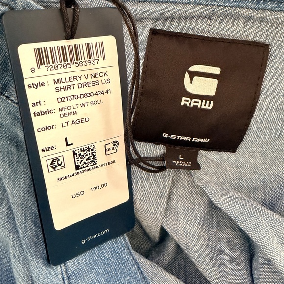 G-Star RAW Millery Denim Shirt Dress L NWT V-Neck Long Sleeve - Picture 10 of 13